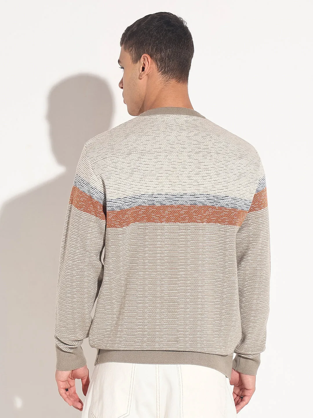 Men's Striped Grey Ribbed Round Neck Sweater Understated Charm