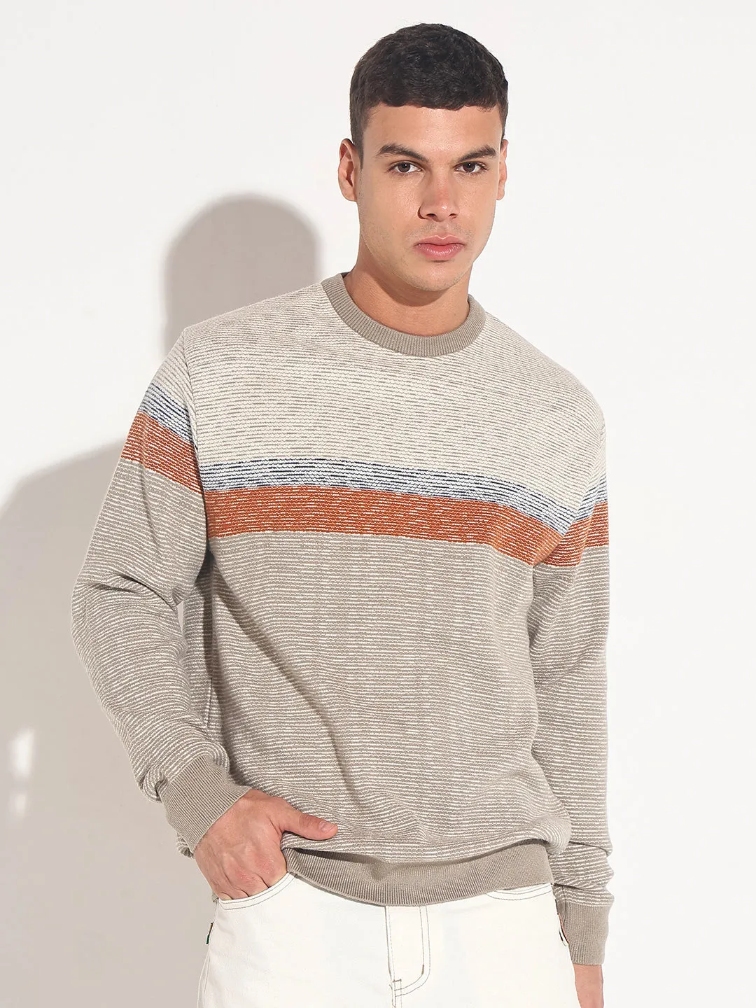 Ultra Soft Yarn FineGauge Knit Men's Striped Grey Ribbed Round Neck Sweater