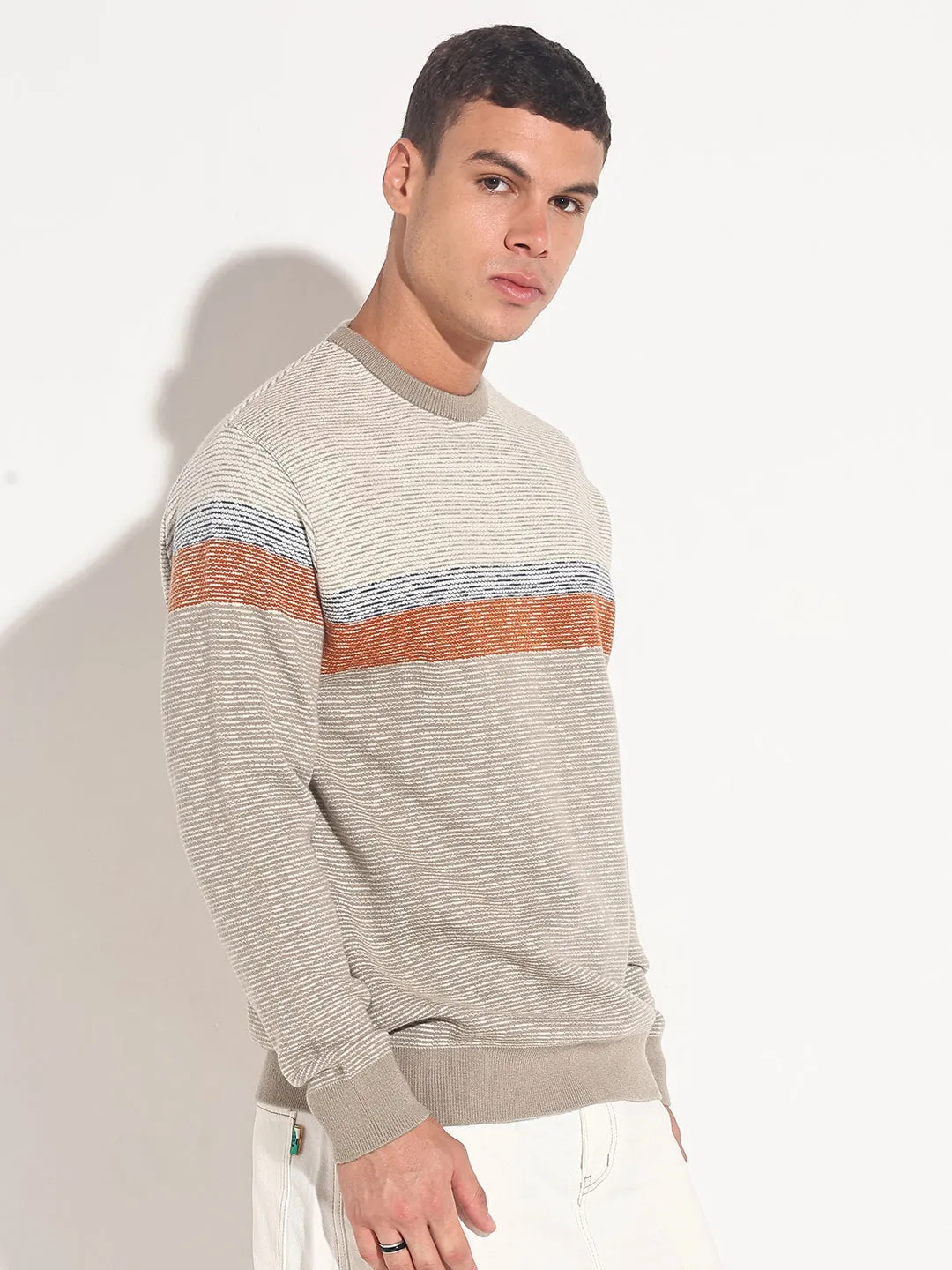 Men's Striped Grey Ribbed Round Neck Sweater Light Reflective Trims
