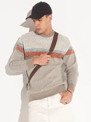 Simple Classic Smart touch Men's Striped Grey Ribbed Round Neck Sweater