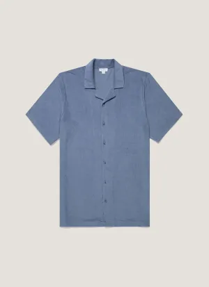 Minimalist Comfort Men's Towelling Camp Collar Shirt in Vintage Blue