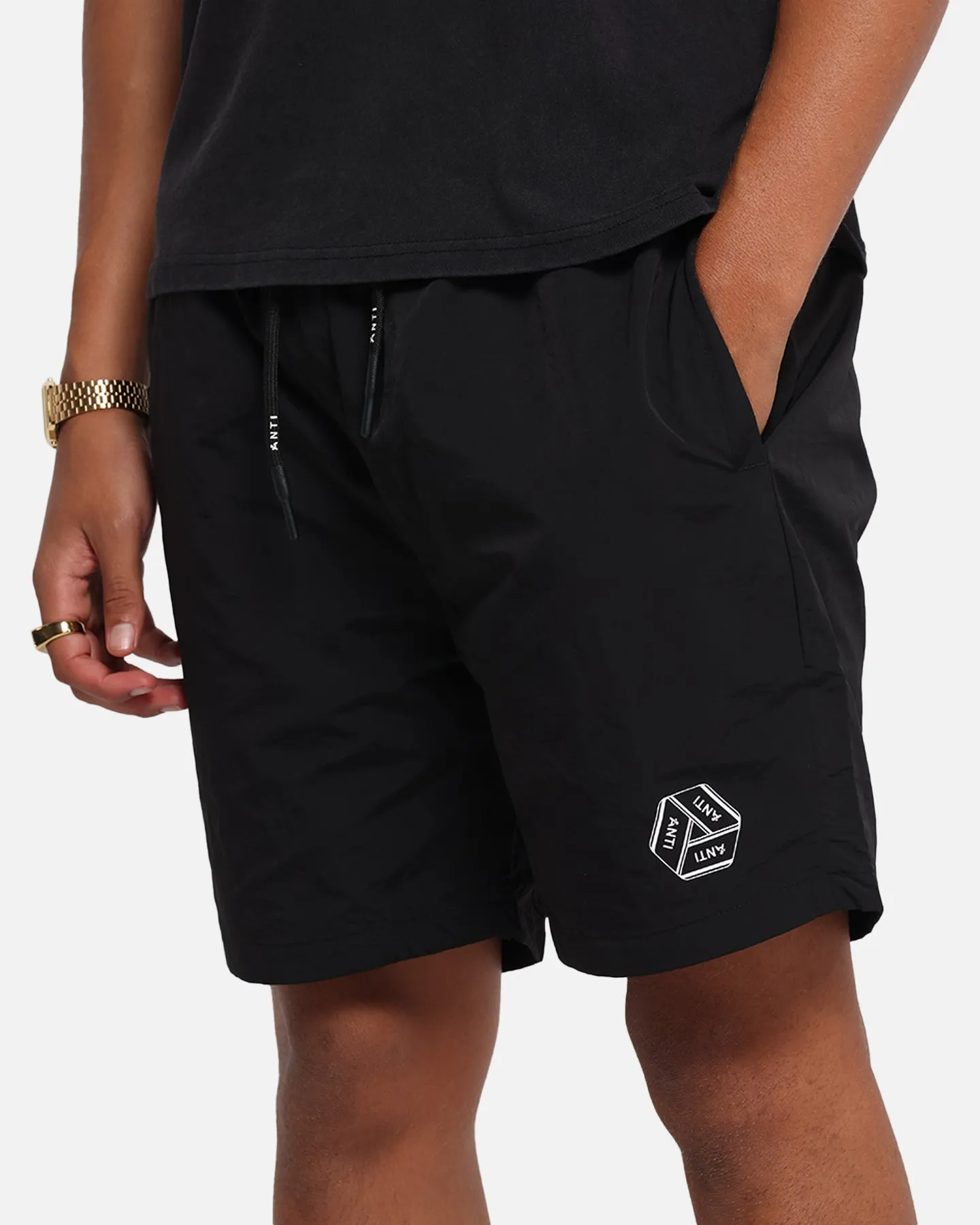 All Day Comfort Fit Patchwork Design The Anti Order Reverse Logo Nylon Shorts Black