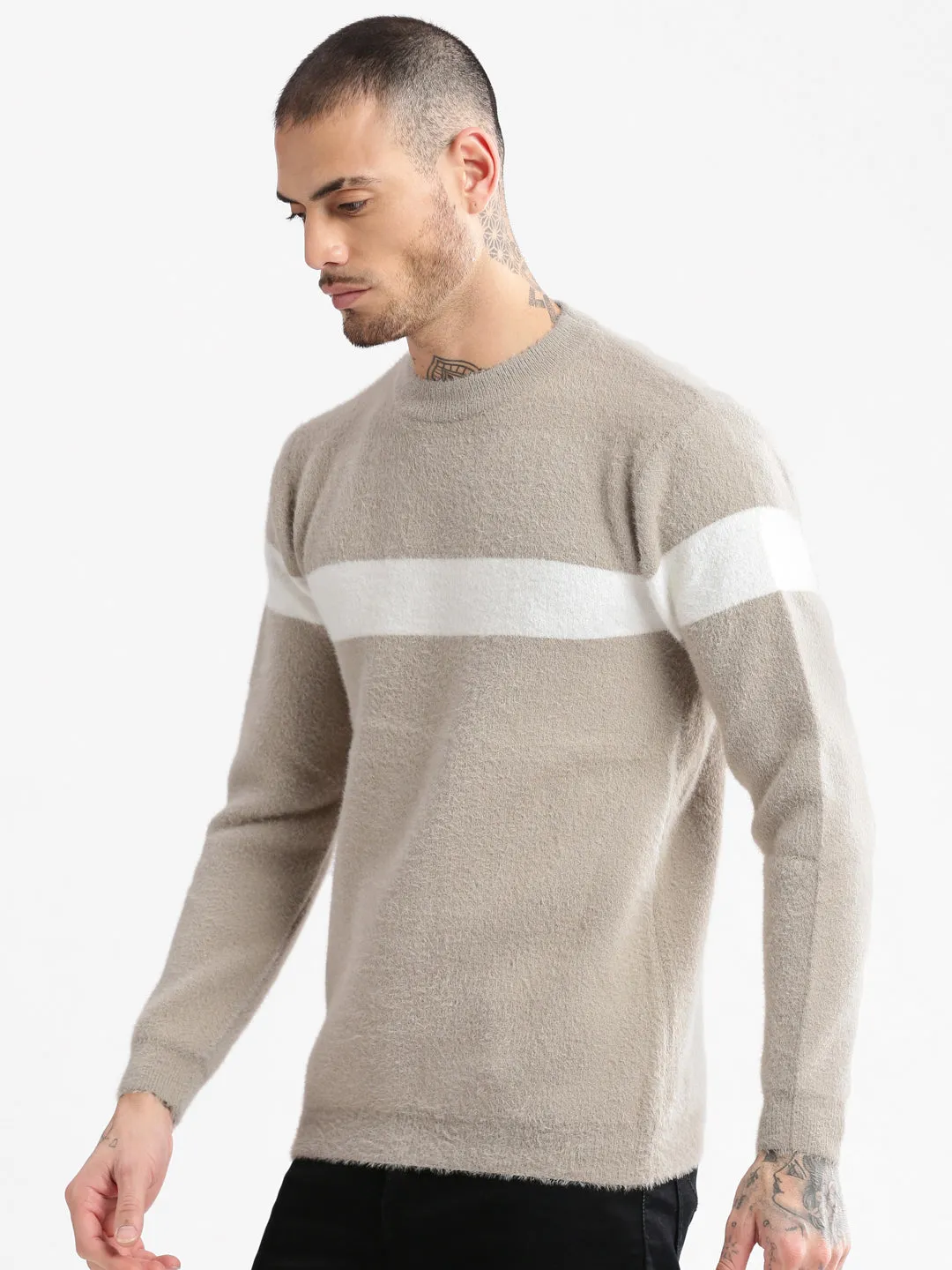 Men's Round Neck Solid Beige Pullover Ribbed Collar Detail