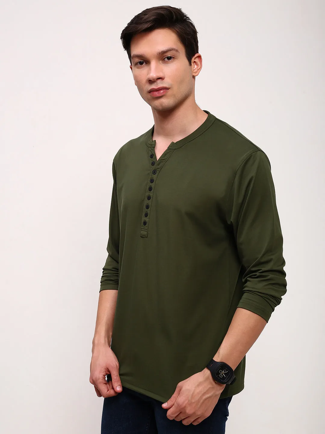 Timeless Hoodie Men's Green Solid Henley Neck Cotton T-Shirt