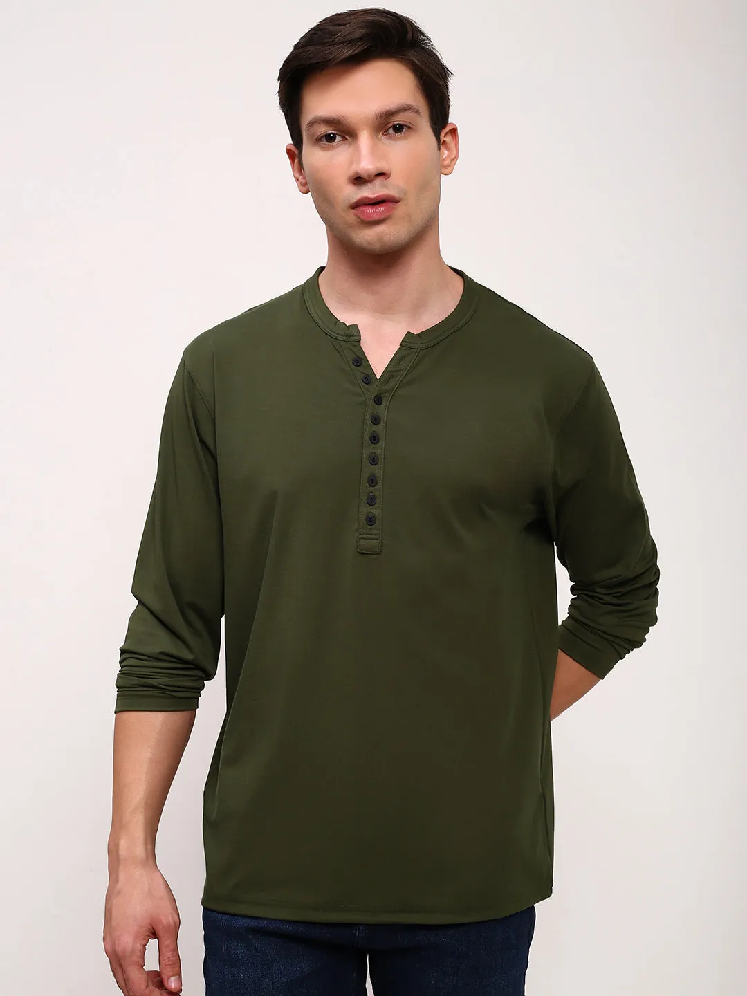 Warm Fashion ring accents Men's Green Solid Henley Neck Cotton T-Shirt