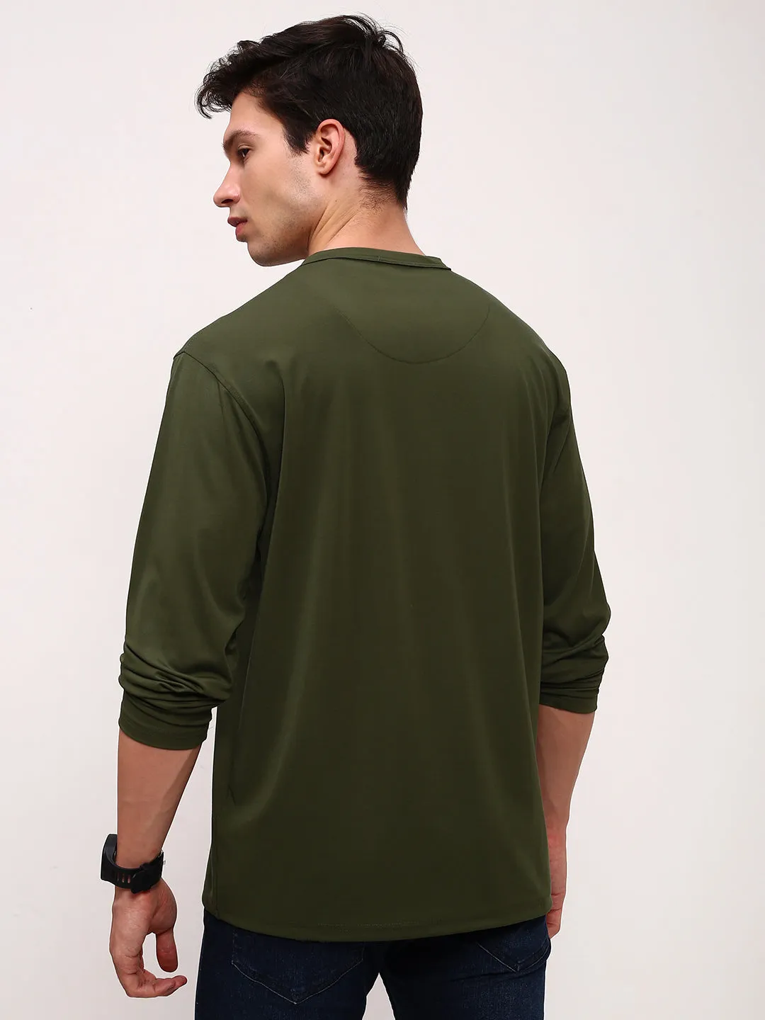 Men's Green Solid Henley Neck Cotton T-Shirt cycling suitable