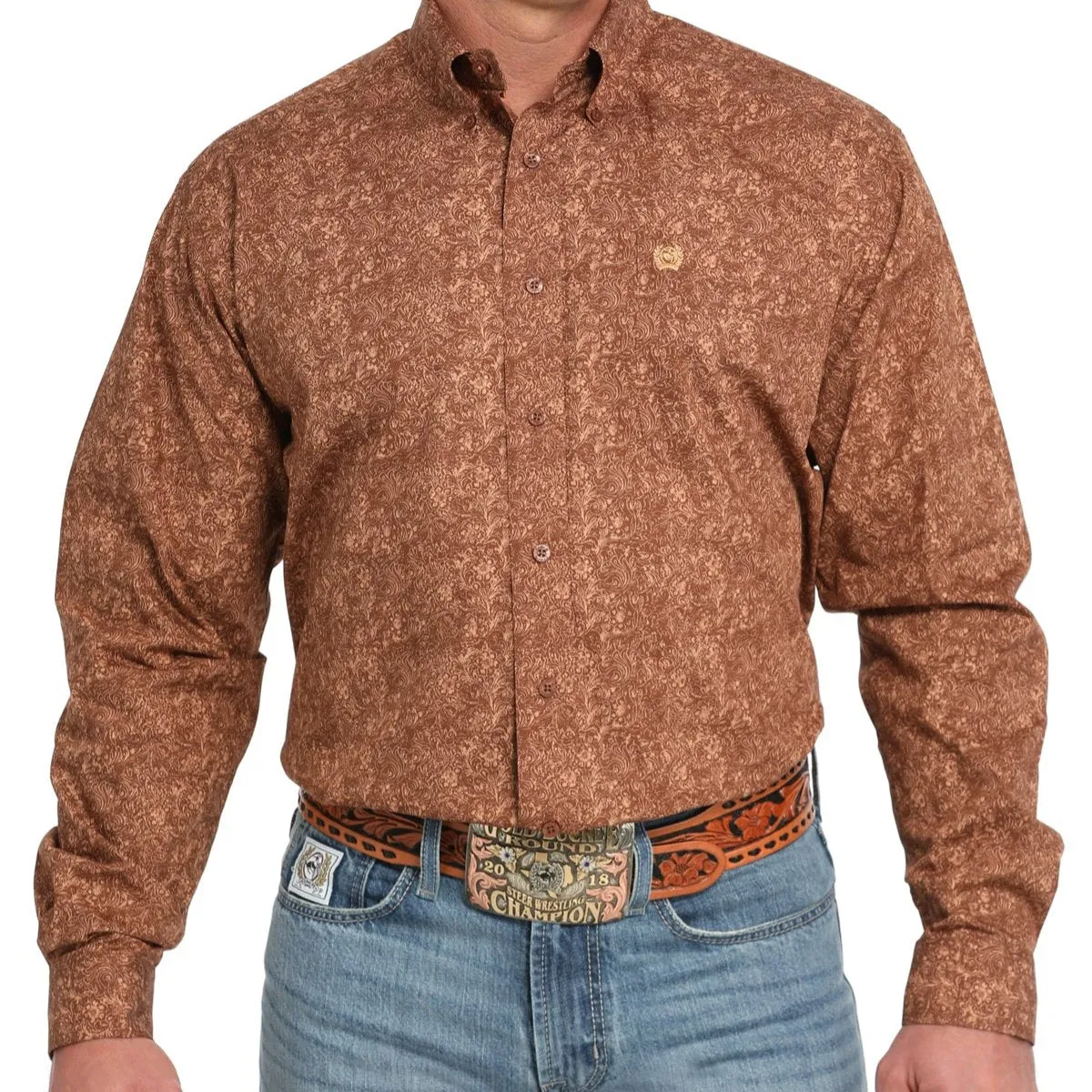 Cinch Men's L/S Classic Fit Tonal Paisley Western Button Down Shirt in Brown Sustainable Dye Process Eco Friendly Dyes