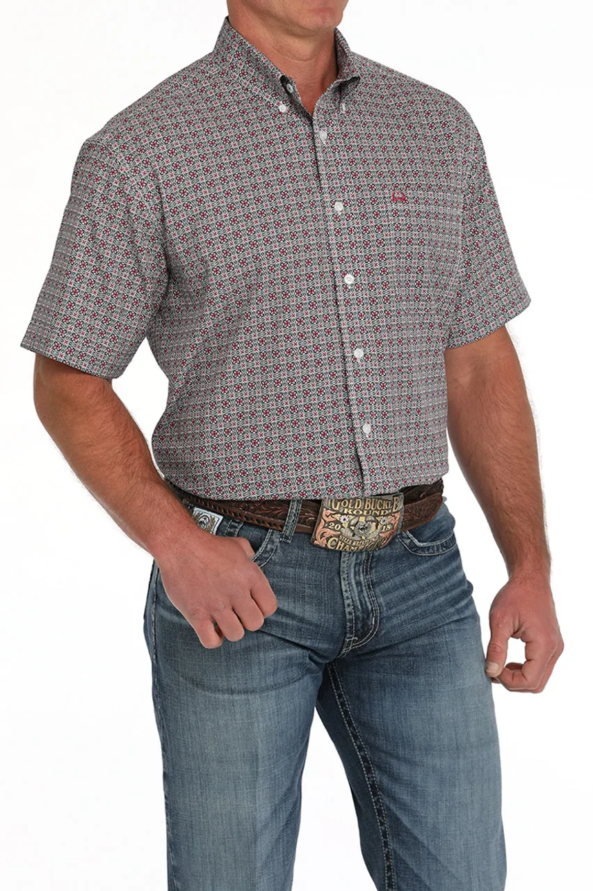 Cinch Men's S/S Arenaflex Medallion Western Button Down Shirt in White Multicolor Soft and Light