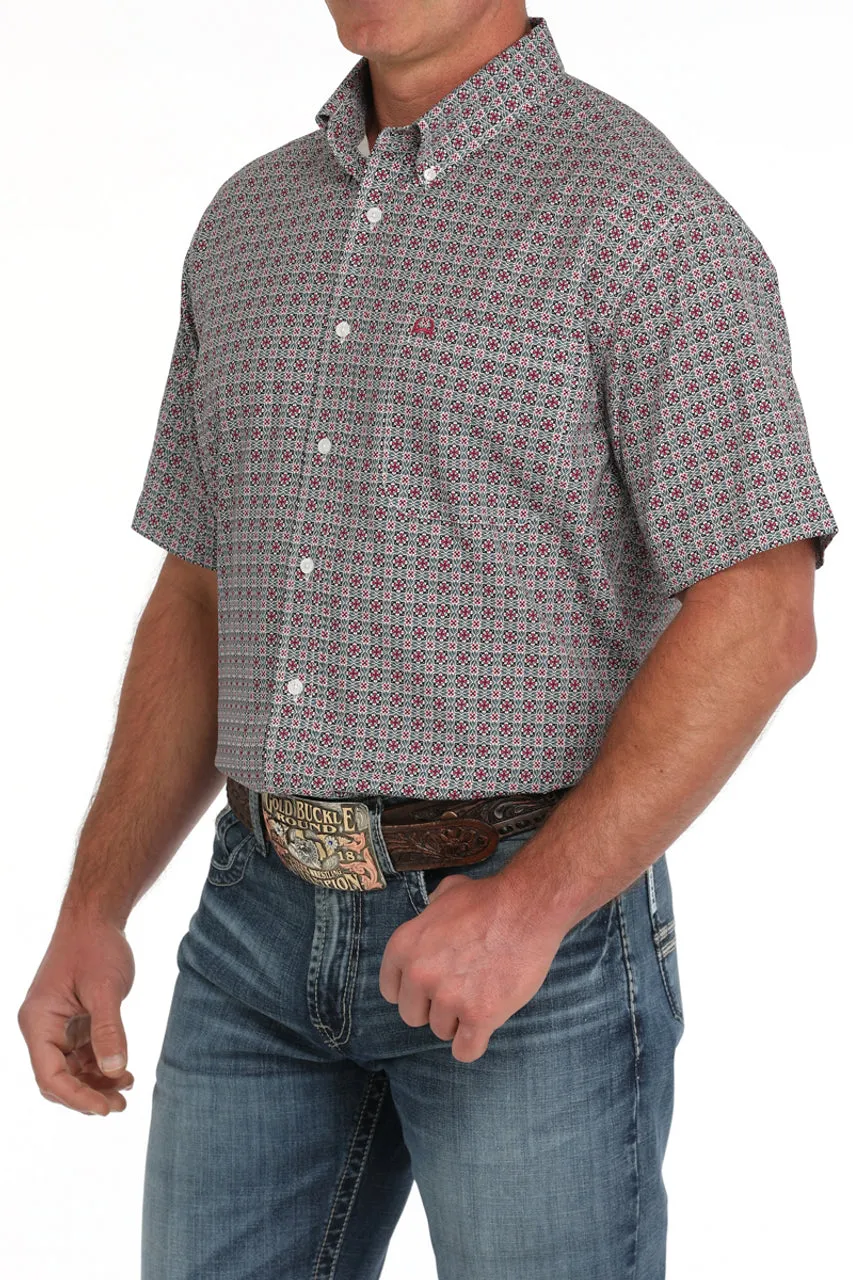 Comfy Active Fit Trendy Casual Wear Cinch Men's S/S Arenaflex Medallion Western Button Down Shirt in White Multicolor