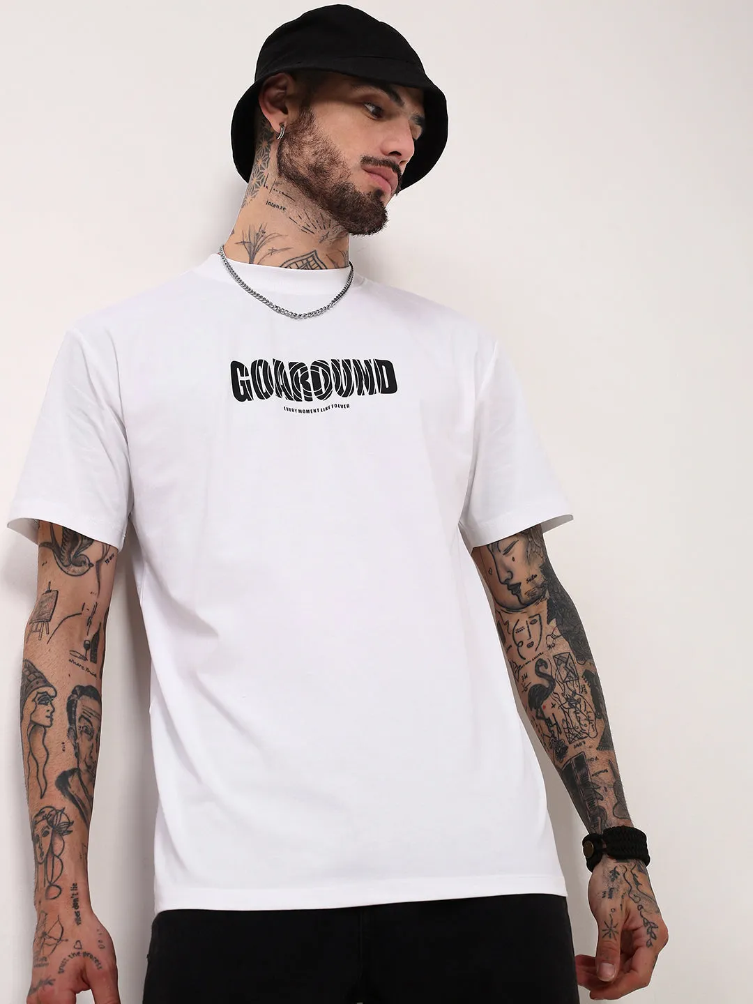 Men's White Typography Printed Relaxed Fit Cotton T-Shirt Active Wear Chic Hoodie