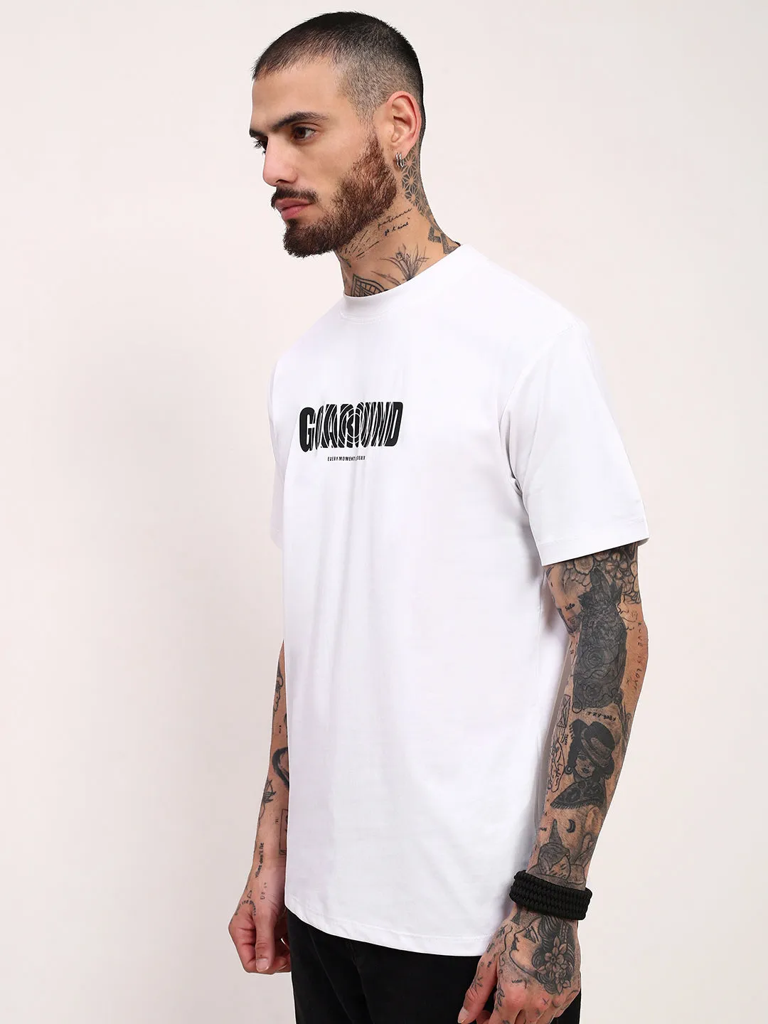 Comfortable Layer product concert wearability Men's White Typography Printed Relaxed Fit Cotton T-Shirt
