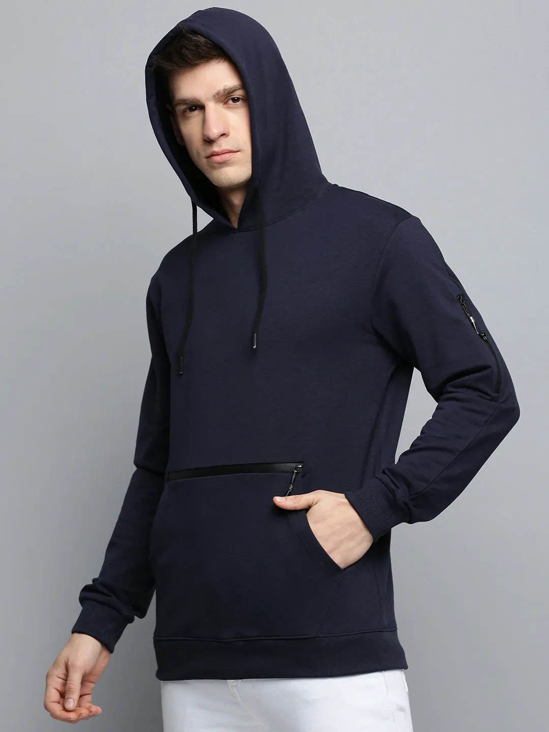 Men's Navy Blue Hooded Cotton Sweatshirt Daily Chic