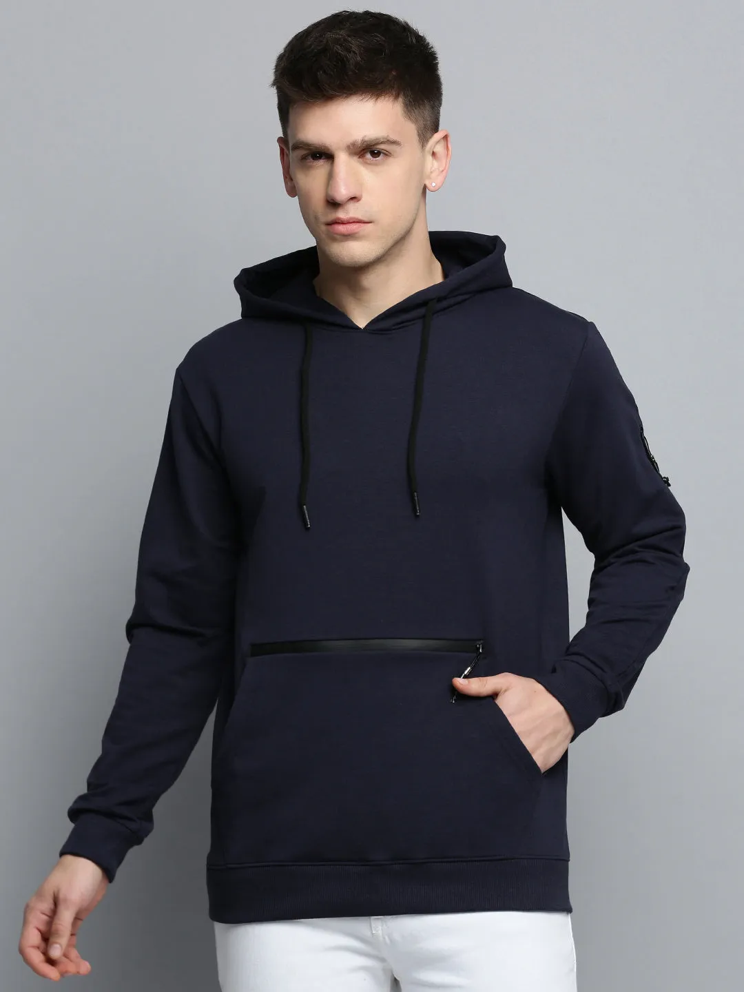 Men's Navy Blue Hooded Cotton Sweatshirt Machine washable