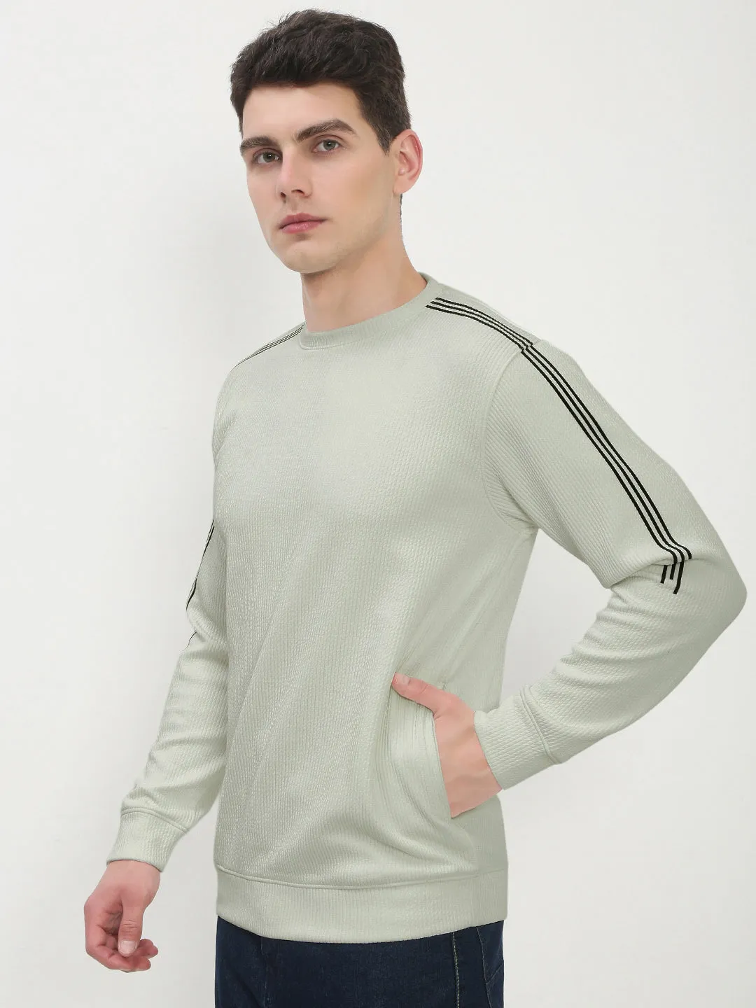 Men's Green Round Neck Sweatshirt Minimal Fit Fashion Top