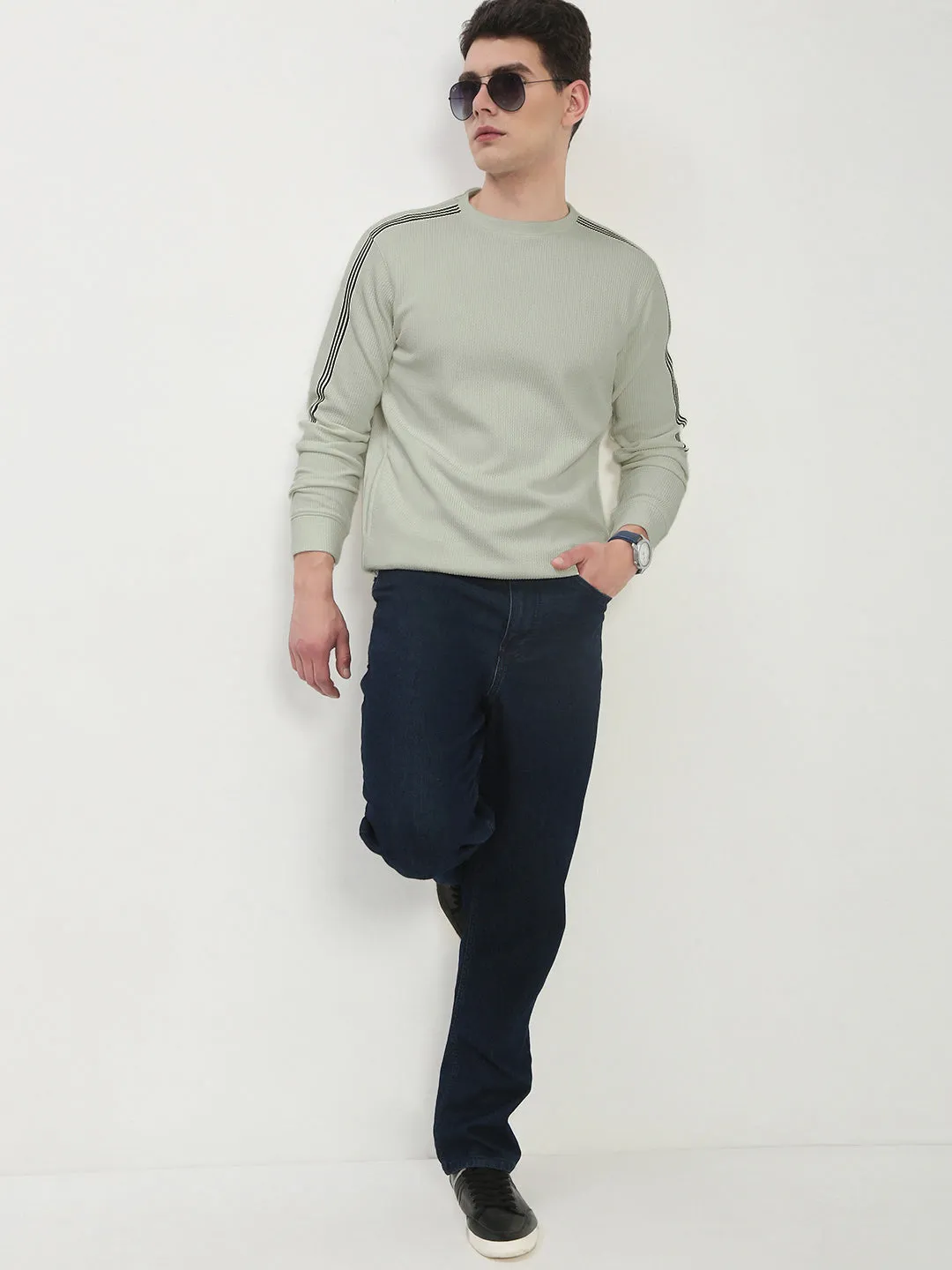 Men's Green Round Neck Sweatshirt Neutral Colors Effortless Look