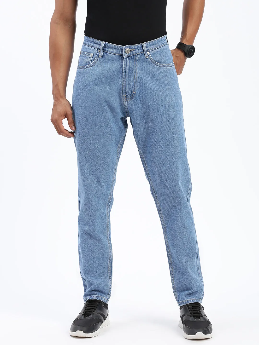 Men's Blue Regular Fit Cropped Jeans Fade Resistant Finish