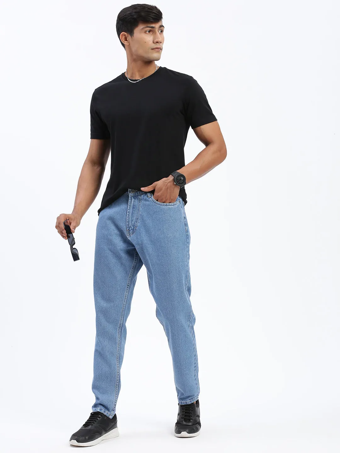 Men's Blue Regular Fit Cropped Jeans Tapered Leg Profile
