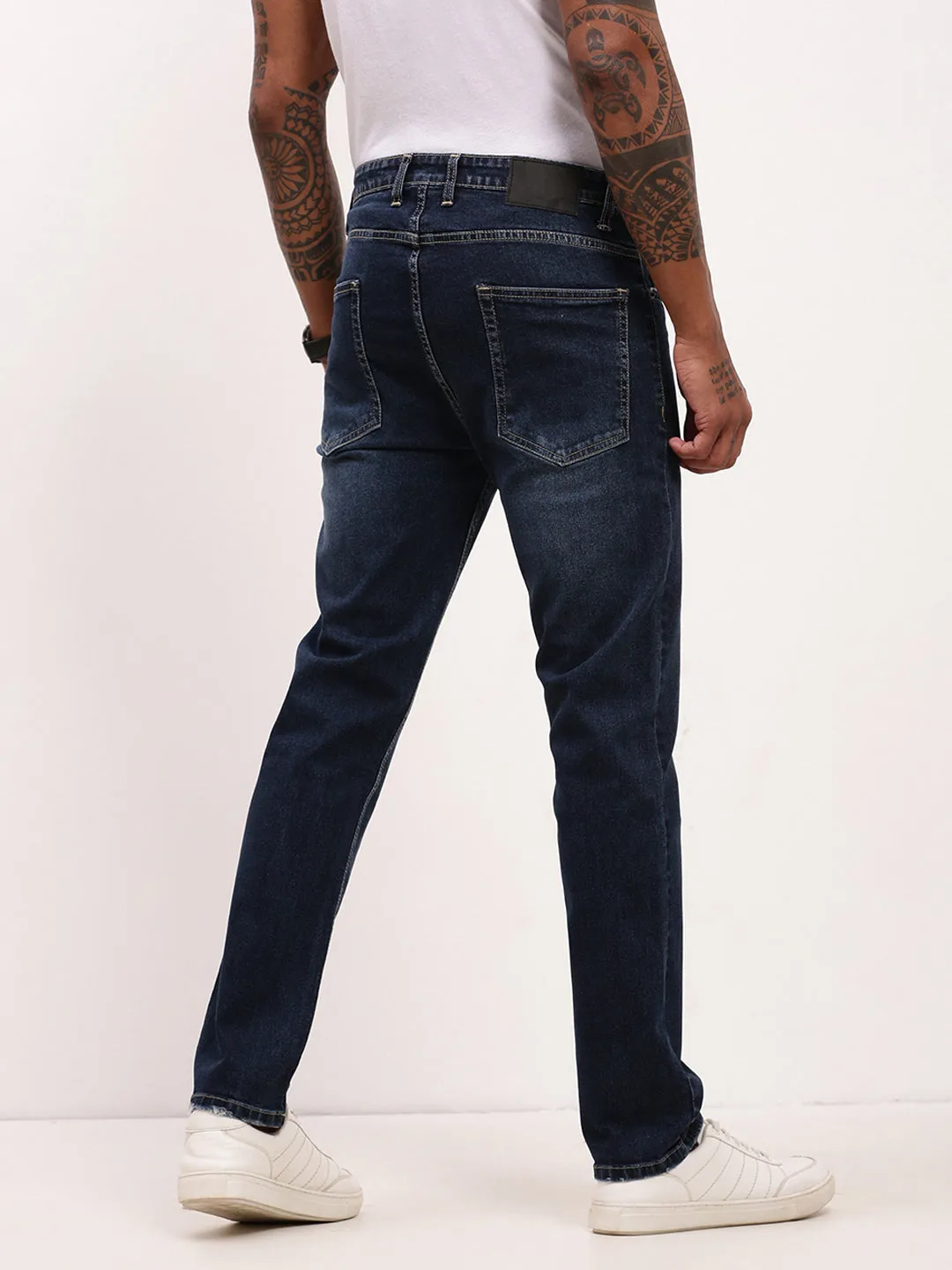Men's Navy Blue Solid Straight Fit Heavy Fade Acid Wash Jeans High-waisted