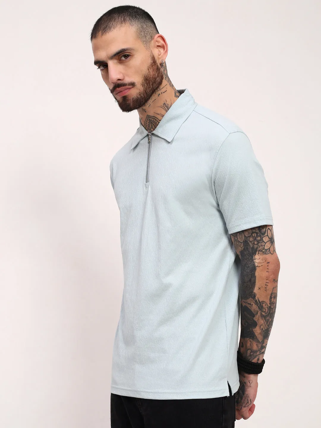 non hooded Men's Blue Solid Slim Fit Polo Neck T-Shirt