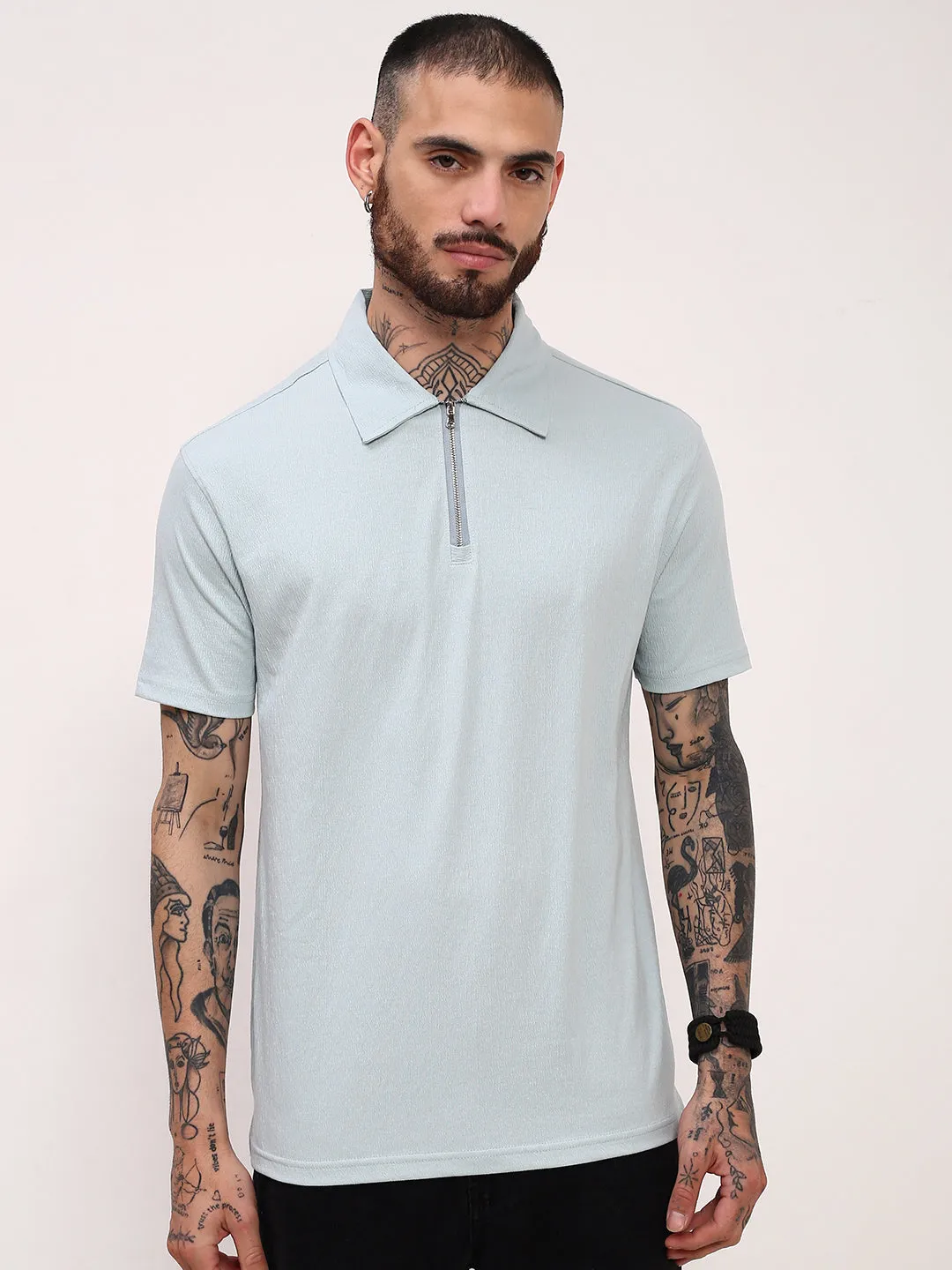 Men's Blue Solid Slim Fit Polo Neck T-Shirt Winter Comfort Cuffed Sleeves