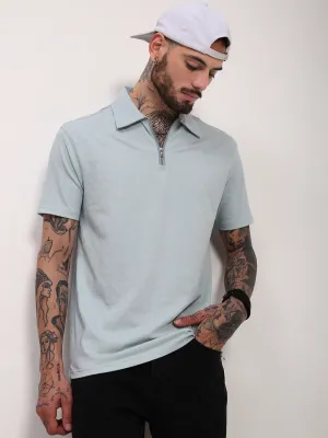 Men's Blue Solid Slim Fit Polo Neck T-Shirt product display