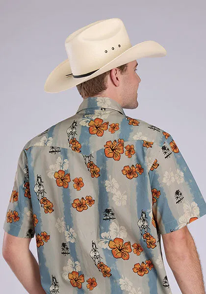 Subtle Logo Placement Chic Cut Tin Haul Men's S/S Vintage Tropical Western Snap Shirt in Blue