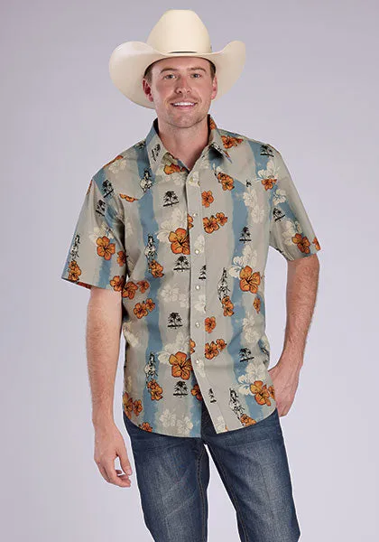 RelaxedFit Flattering Cut Tin Haul Men's S/S Vintage Tropical Western Snap Shirt in Blue