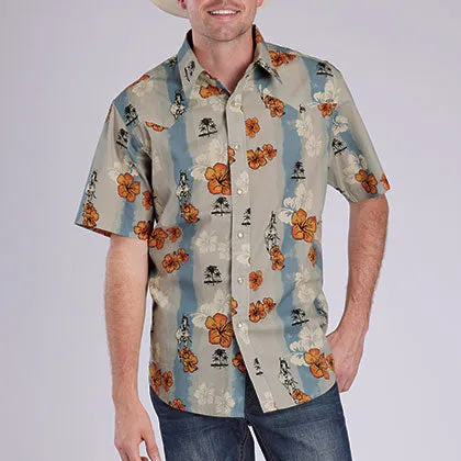 Tin Haul Men's S/S Vintage Tropical Western Snap Shirt in Blue Multi Purpose Wear Quick Fit Performance