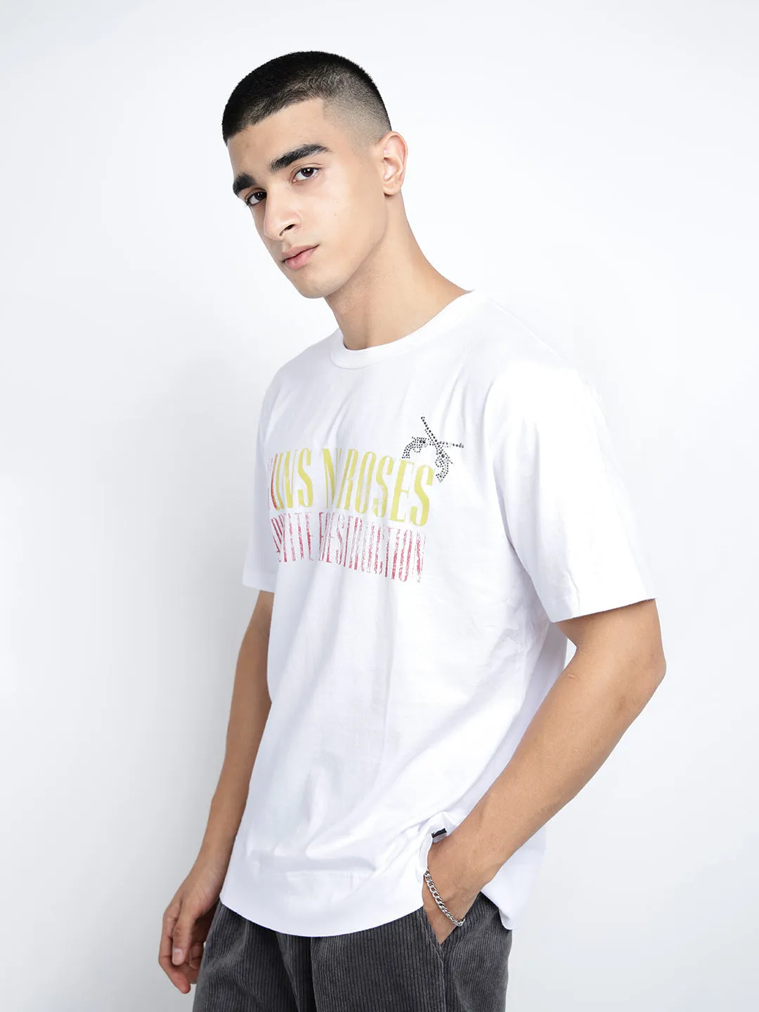 Men's Typography White Short Sleeves Round Neck Regular Fit T-Shirt Street Sport