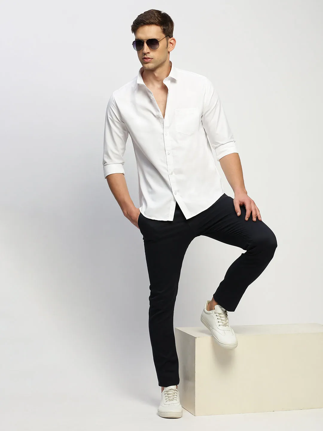 Men's White Solid Slim Fit Shirt Glam Night