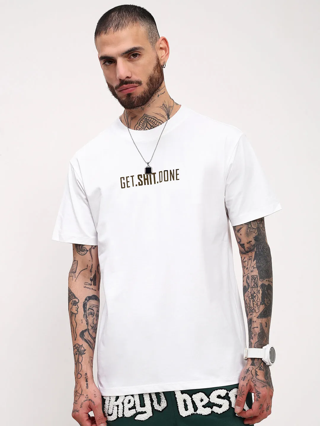 Easy Fit CompressionFreeCuffs Men's Casual White Typography T-Shirt
