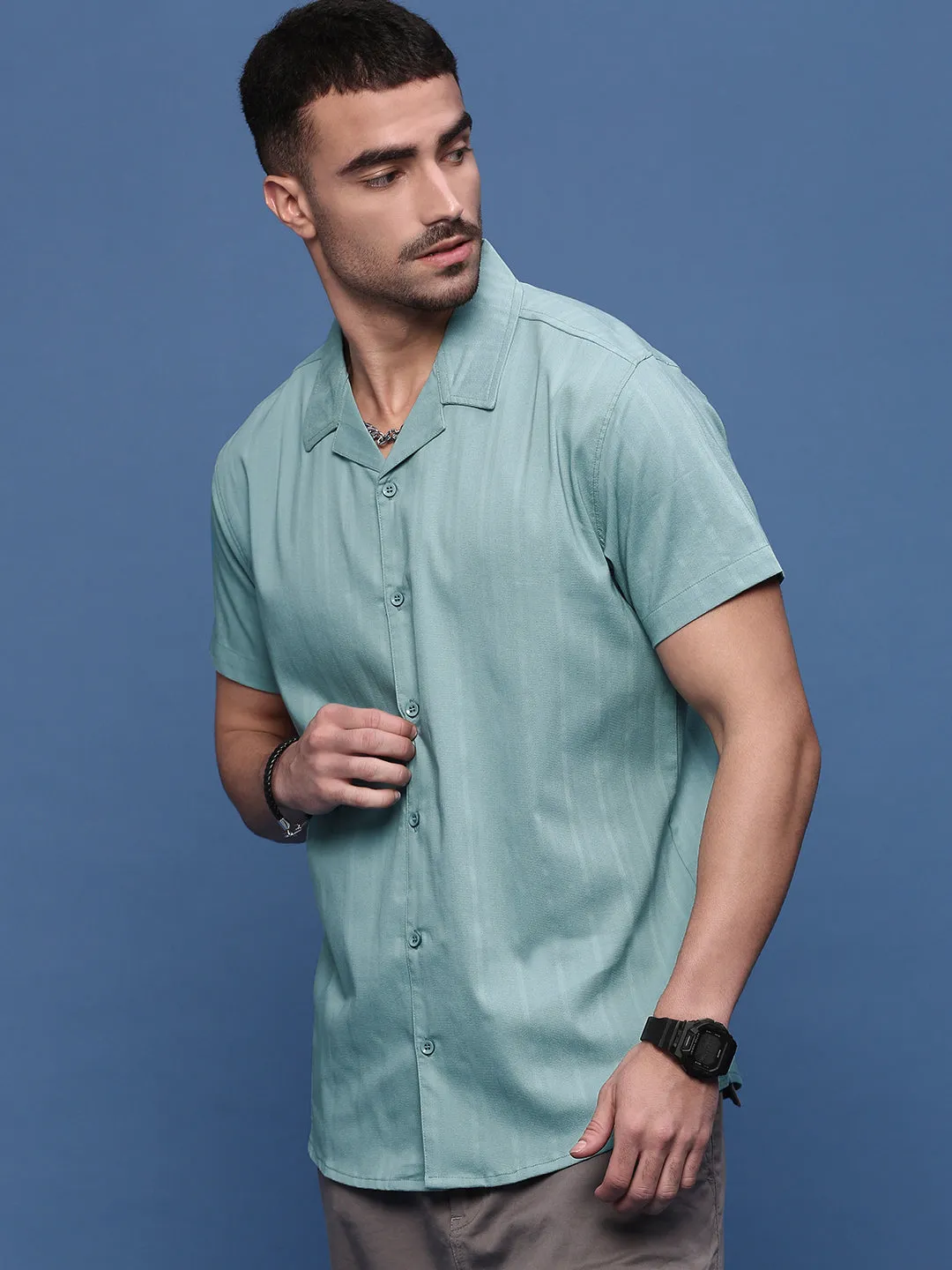 slow life Drive Core Men's Turquoise Blue Standard Opaque Casual Shirt