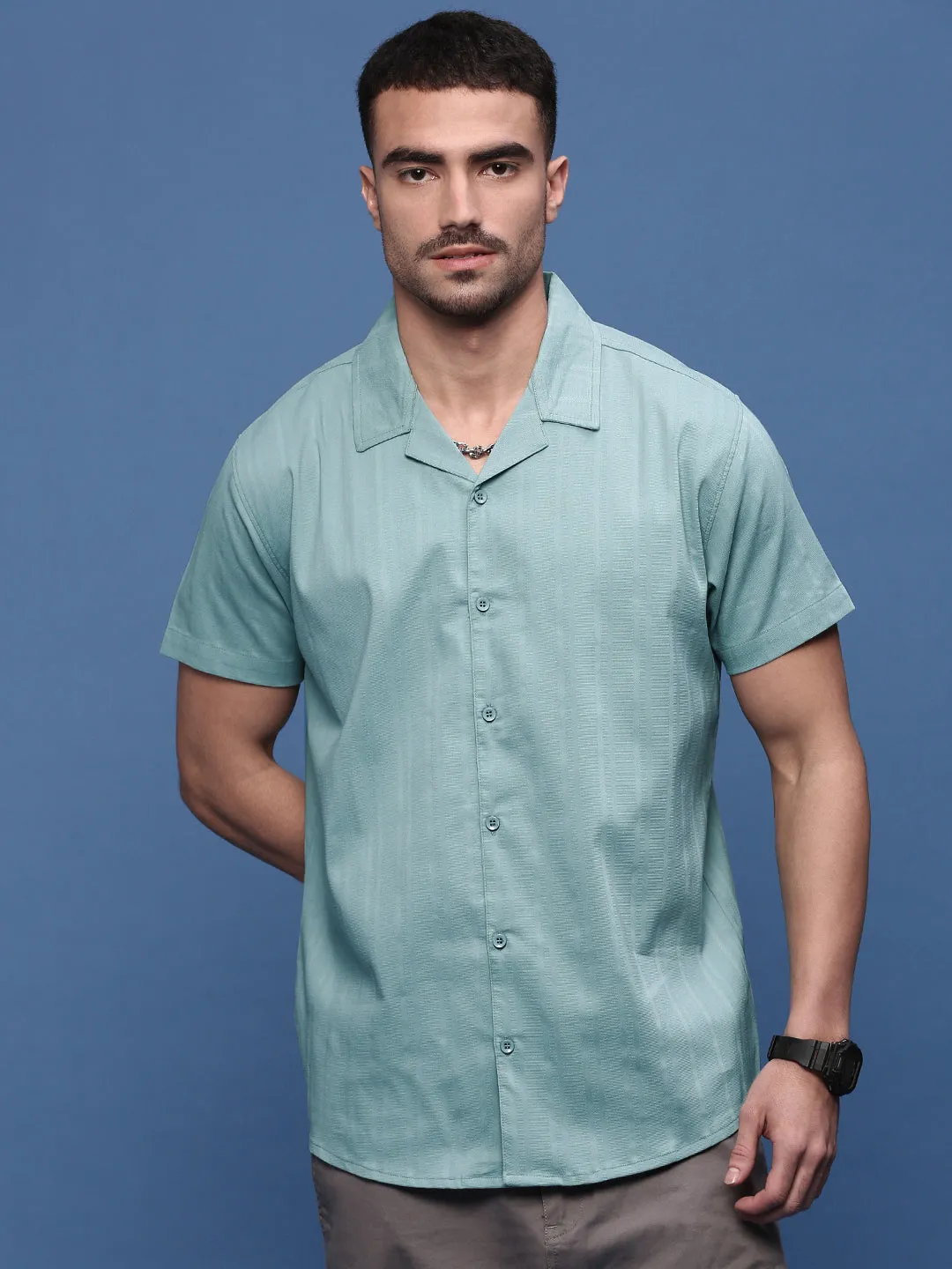 Men's Turquoise Blue Standard Opaque Casual Shirt DurableThreadwork Machine Fit