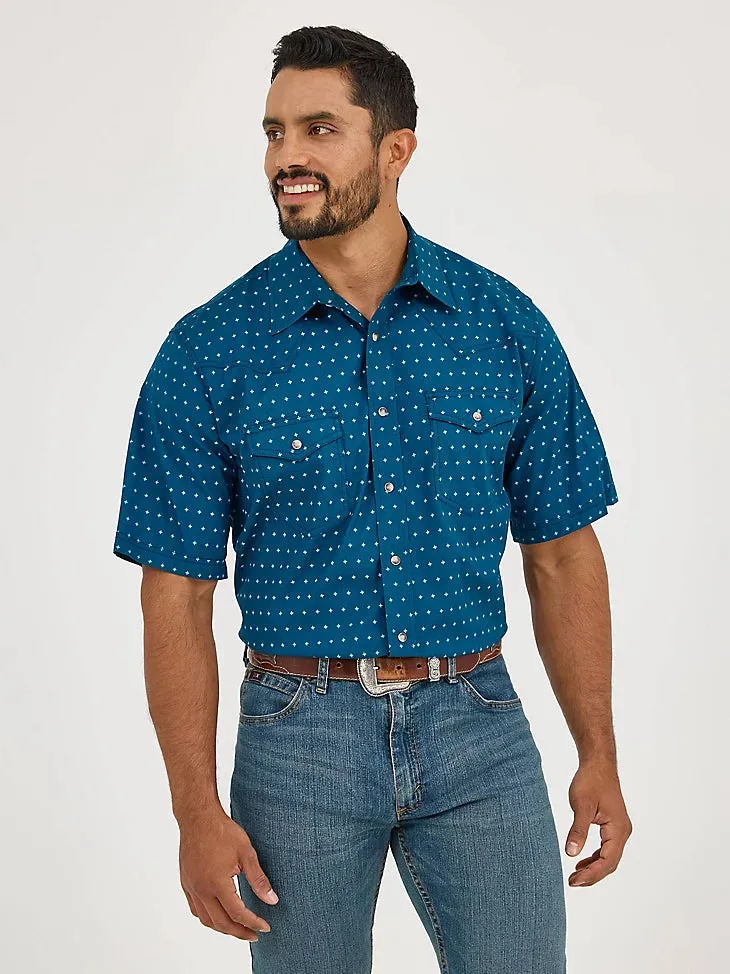 Summer Wardrobe DoubleStitchedHem Wrangler Men's 20X Competition S/S Western Snap Shirt in Turquoise Cross