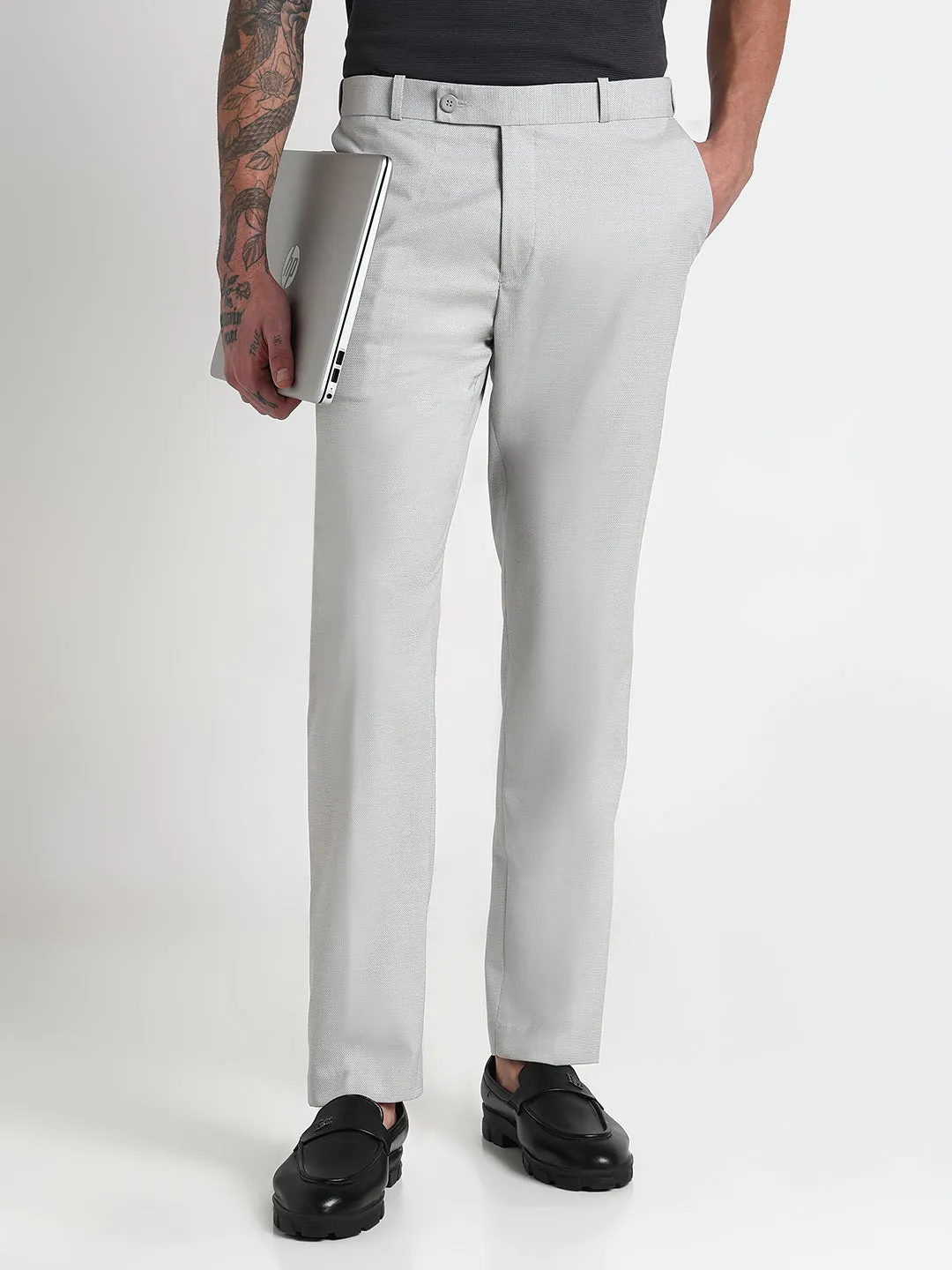 Quick Wash Men's Grey Solid Slim Fit Formal Trousers