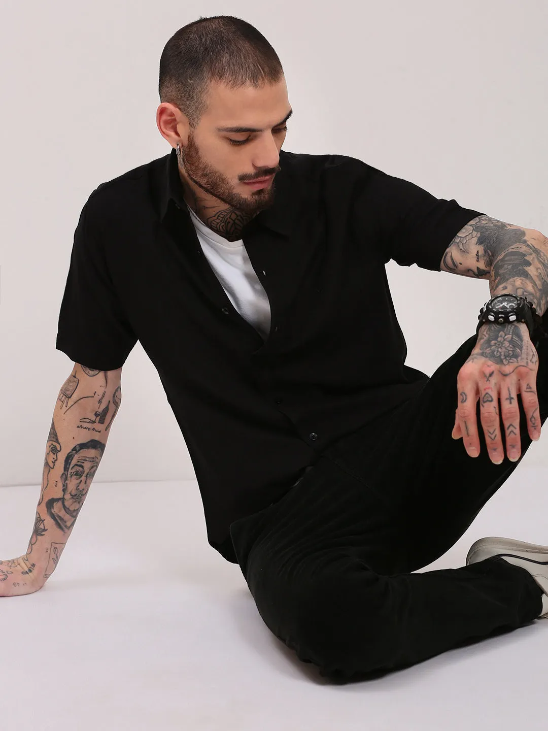 Men's Black Solid Slim Fit Casual Shirt Comfy Fashion Cozy Sweater