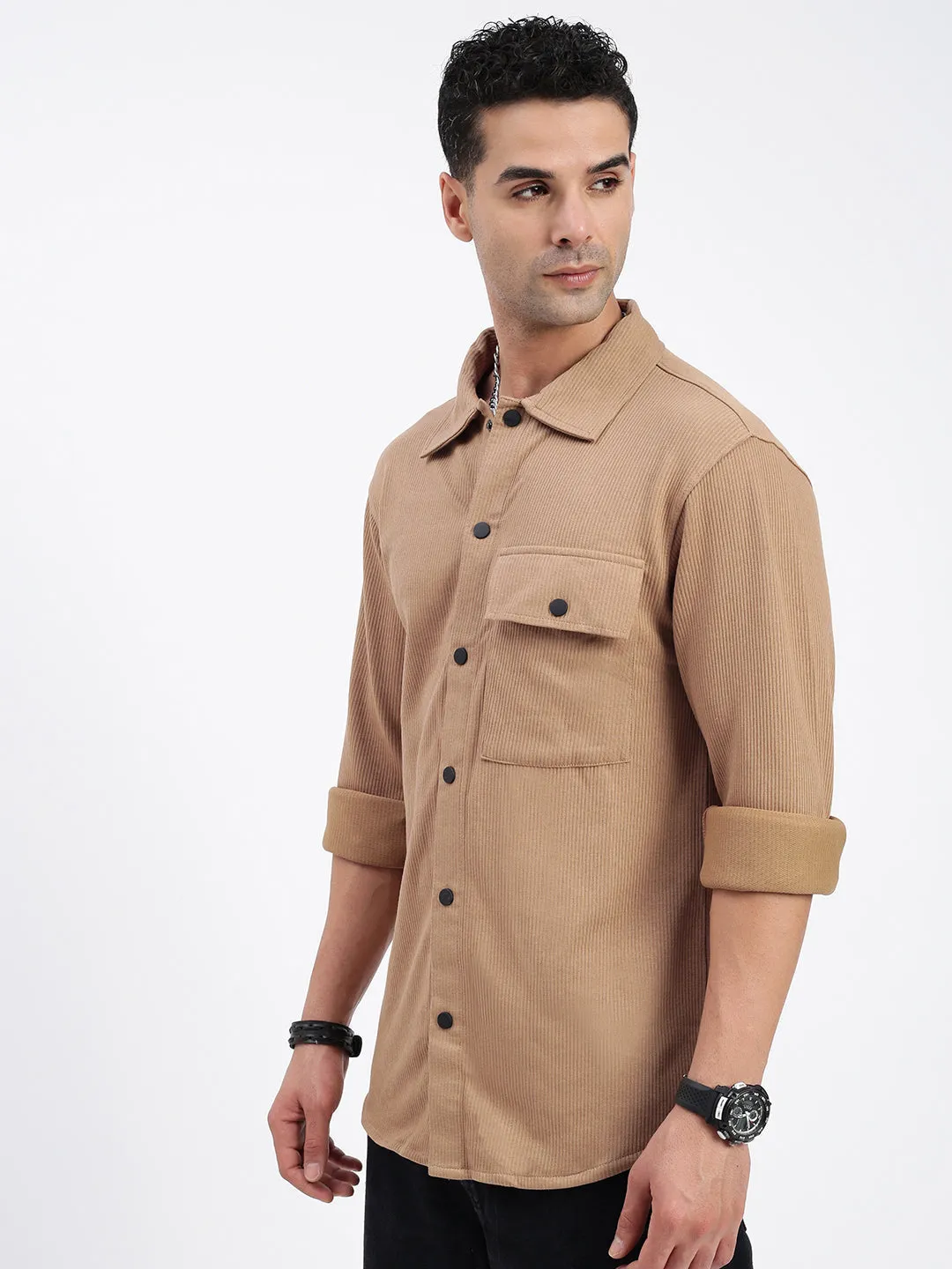 Men's Brown Standard Spread Collar Textured Cotton Casual Shirt Park Day