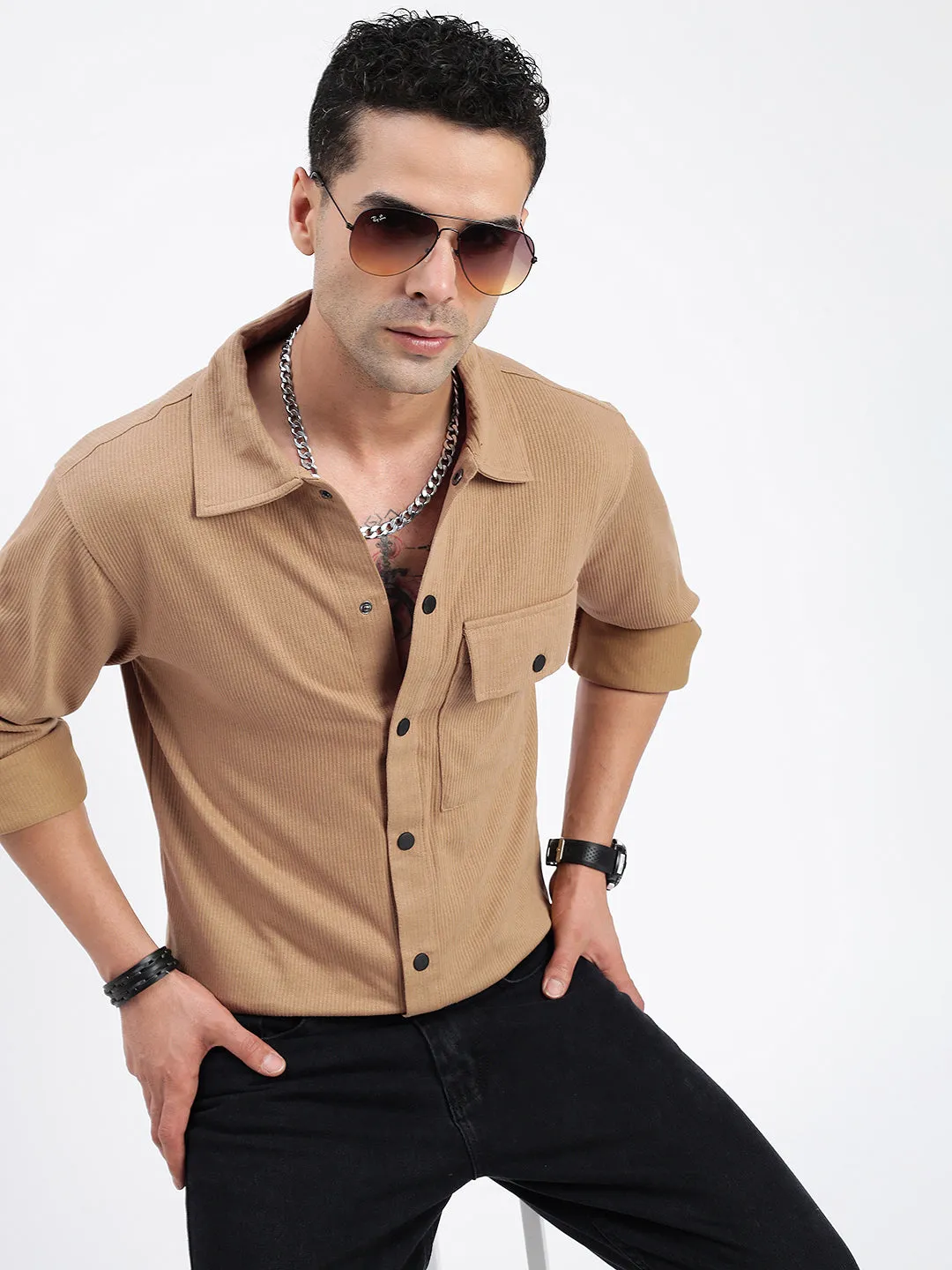 TaglessCollar High End Men's Brown Standard Spread Collar Textured Cotton Casual Shirt