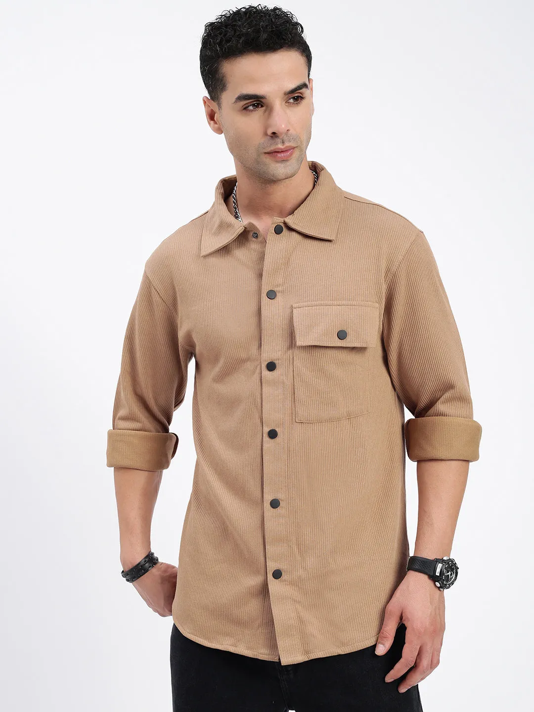 QuickDry Technology Peace Glow Men's Brown Standard Spread Collar Textured Cotton Casual Shirt