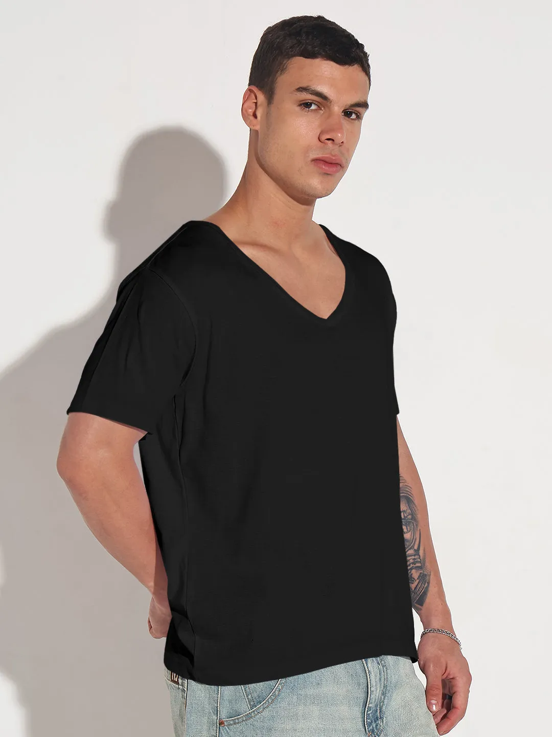 Men's Black V-Neck Regular Fit T-Shirt Handmade Glow Spirit Core