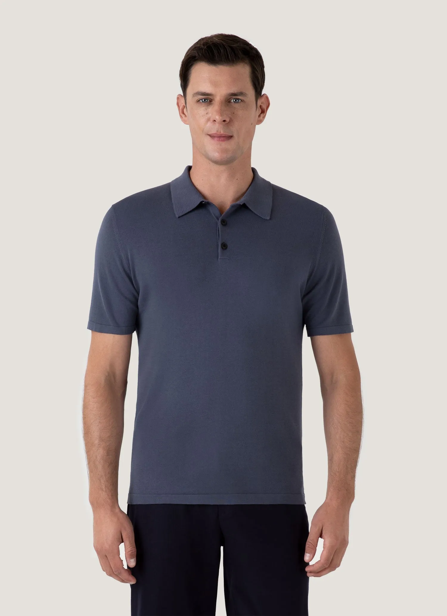 Men's Sea Island Cotton Knit Polo Shirt in Slate Blue Relaxed Trend Daily Layer