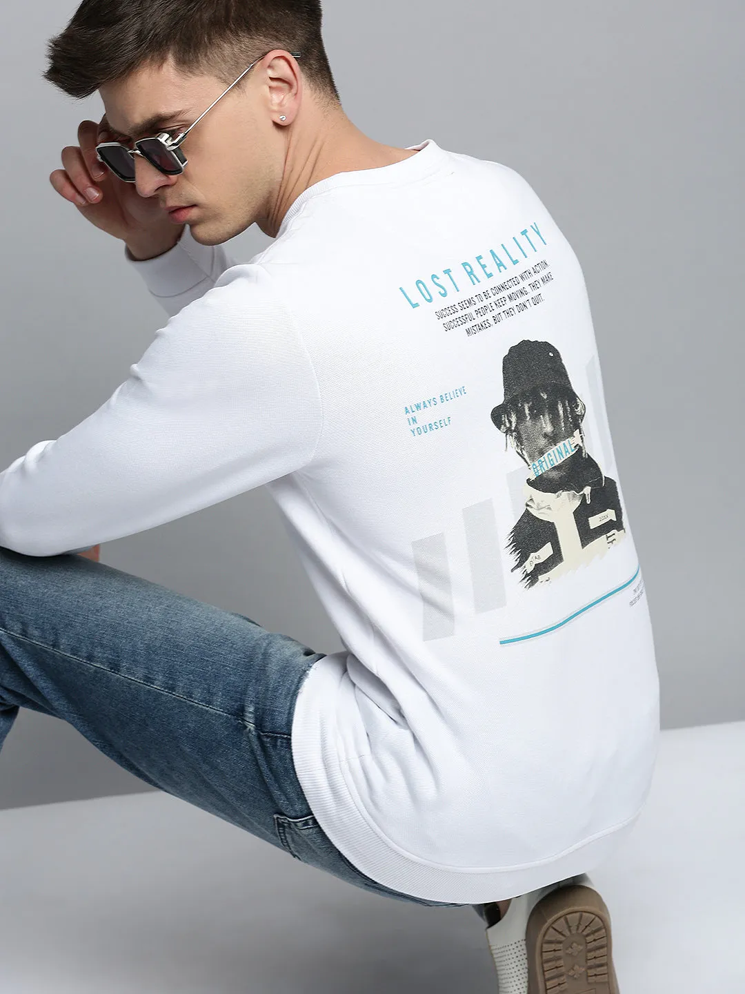 Men's White Typography Printed Pullover Cotton Sweatshirt Trendy Wearable