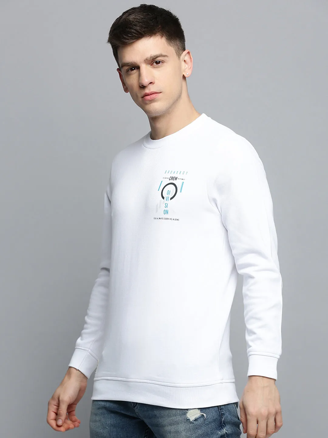 User Experience Ribbed Cuffs Men's White Typography Printed Pullover Cotton Sweatshirt