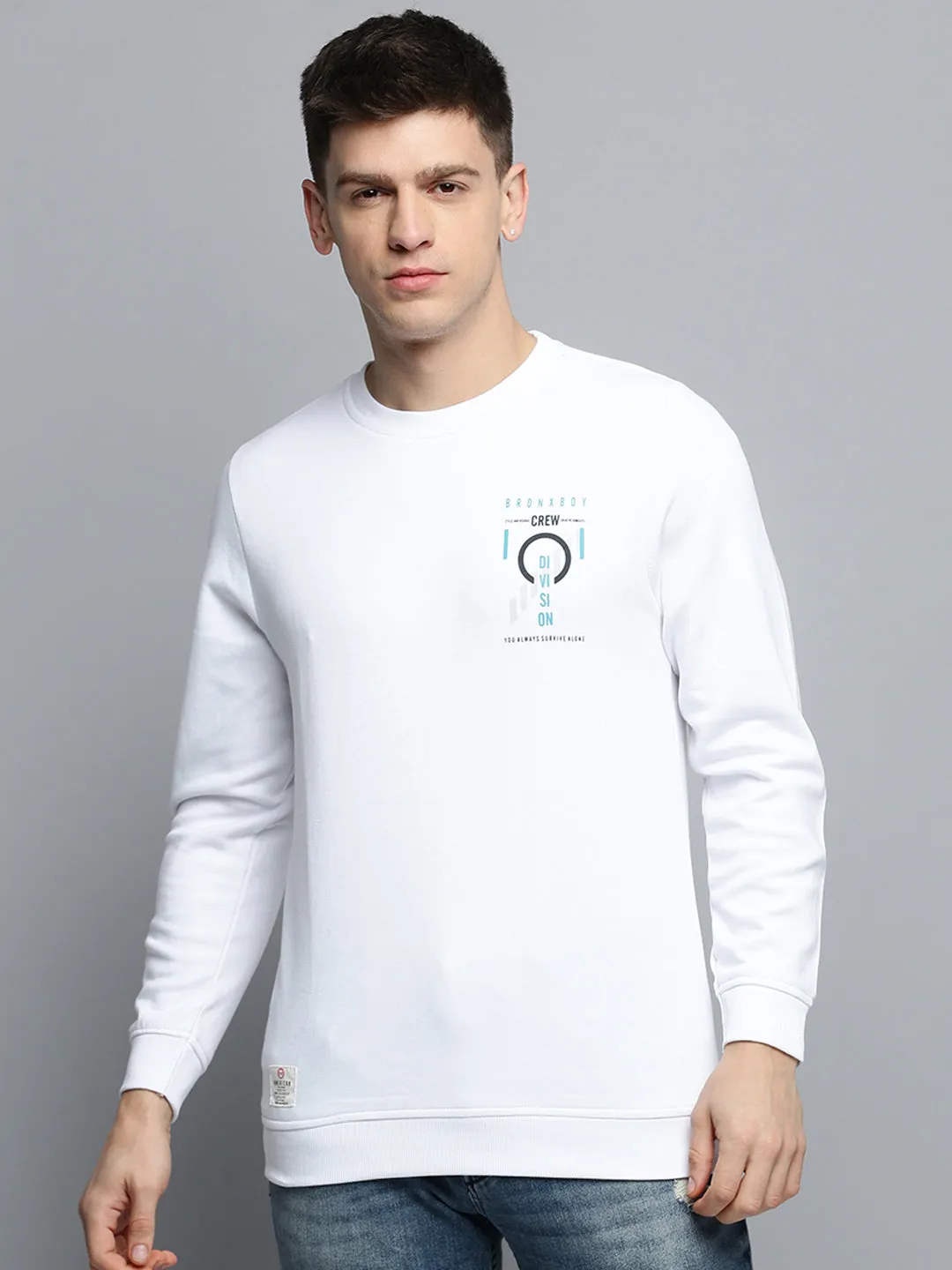 product business casual suitability embroidery accents Men's White Typography Printed Pullover Cotton Sweatshirt