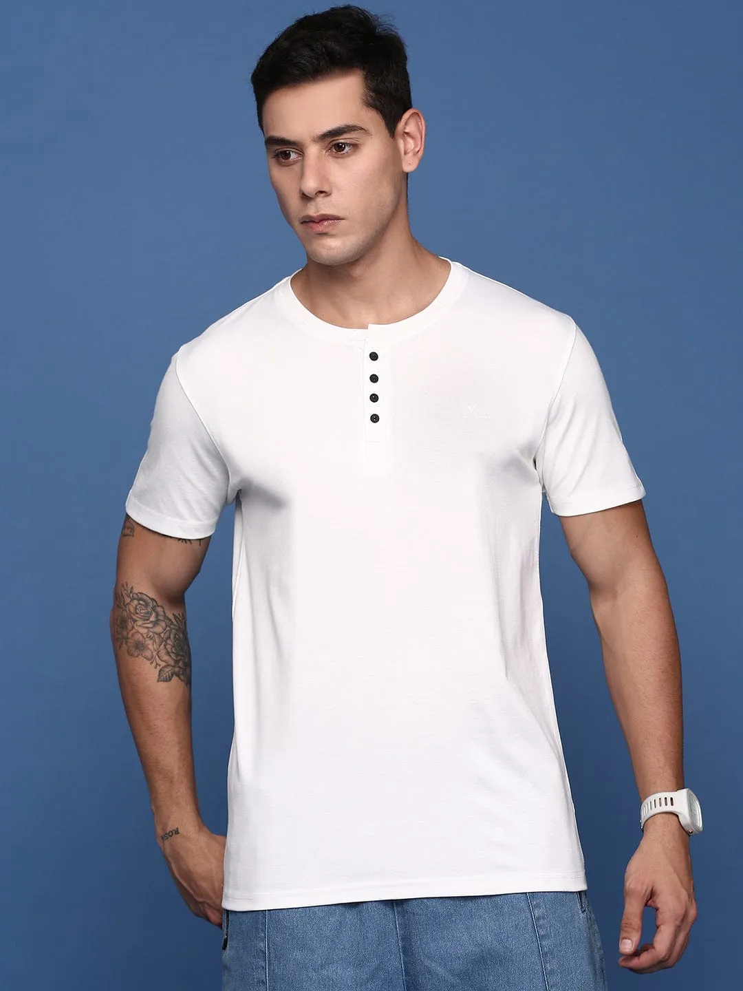 waterproof product lace femininity Men's White Solid Henley Neck Cotton Slim Fit T-Shirt