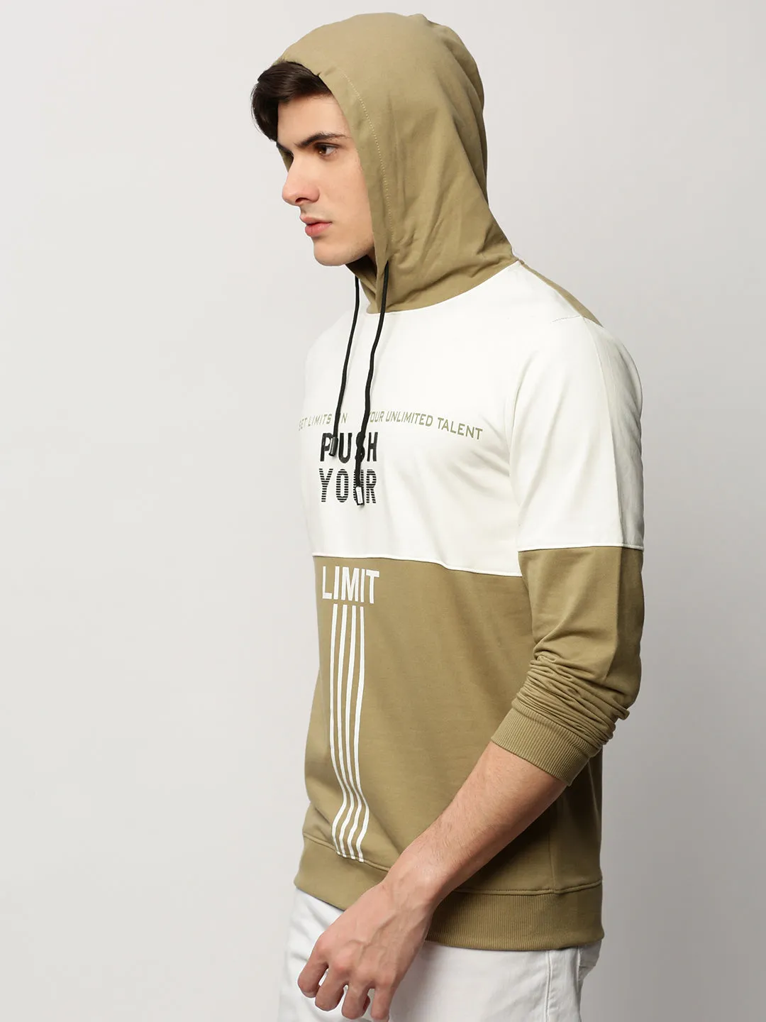 Timeless Chic Fresh Bold Men's Khaki Typography Printed Hooded Cotton Sweatshirt