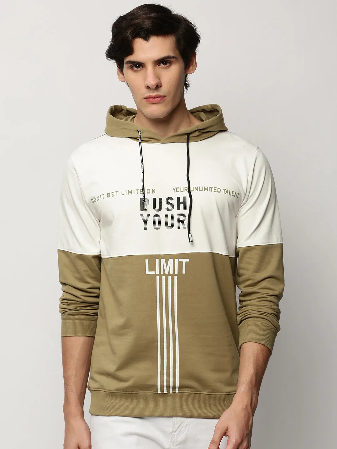 Men's Khaki Typography Printed Hooded Cotton Sweatshirt Front Pocket