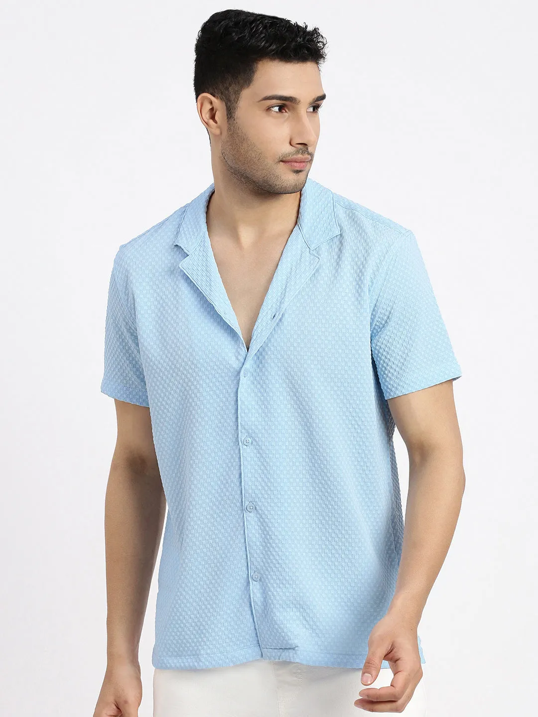 Men's Blue Cuban Collar Textured Solid Shirt slim fit
