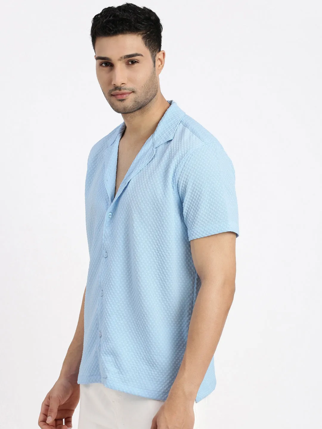 Men's Blue Cuban Collar Textured Solid Shirt Fashion Forward