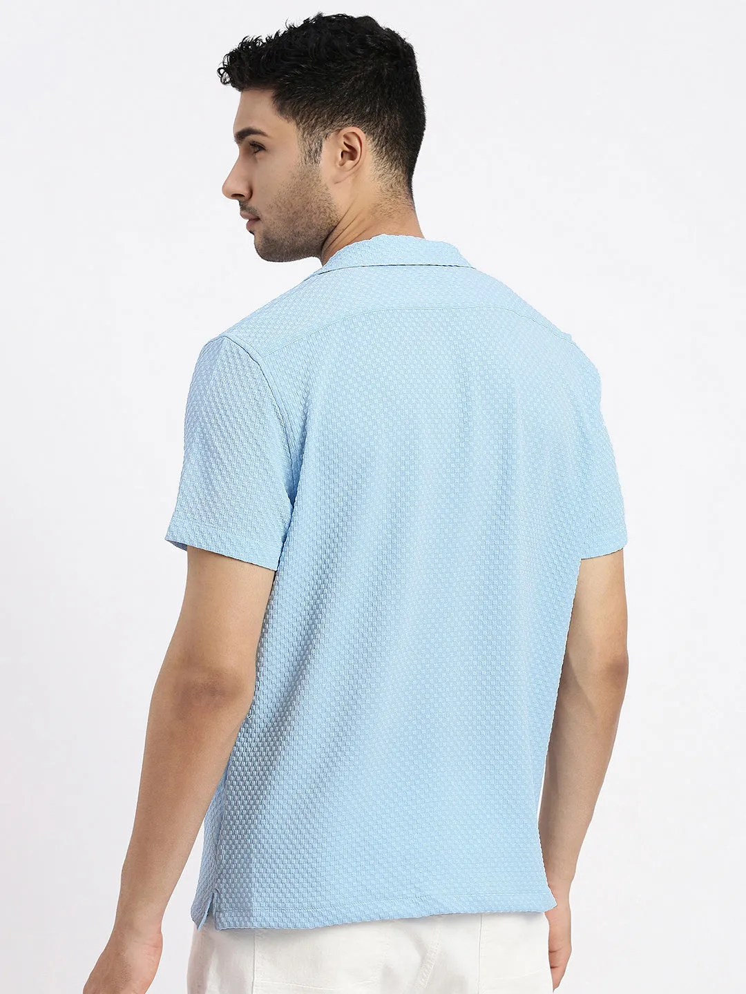 Men's Blue Cuban Collar Textured Solid Shirt Scandi Clean
